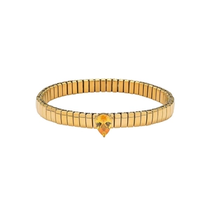 Dettaglio di un bracciale Tubogas dorato con una gemma gialla a goccia dal design elegante