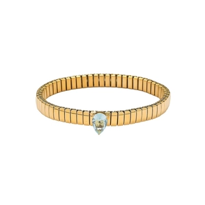 Dettaglio del bracciale Tubogas dorato con una pietra preziosa blu taglio a pera
