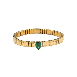 Dettaglio del bracciale Tubogas dorato con incastonata una gemma verde pera
