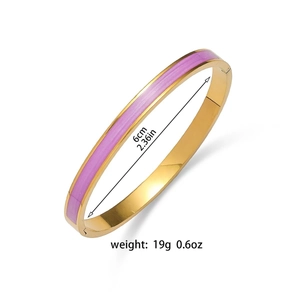 Detail of gold titanium steel bangle with purple enamel and 6cm diameter dimension