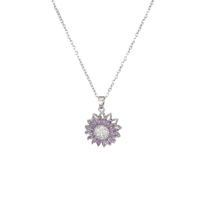 Rotating sunflower necklace with purple marquise gems and sparkling pavé crystals