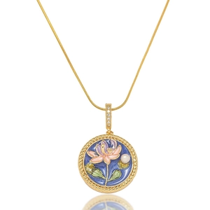 Golden snake chain necklace with round blue lotus enamel pendant and small pearl accent