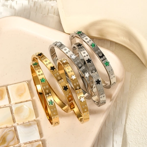 Bracciale Rigido in Acciaio Inossidabile da Donna Oro Argento Zirconia Fiore Stella Intarsiato Chiusura a Cerniera Elegante