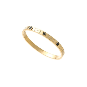 Elegante bracciale in acciaio al titanio dorato con motivi a trifoglio neri e zirconi