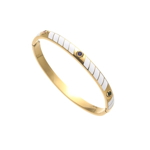Gold titanium steel bracelet with white enamel inlay and colorful zircon stones
