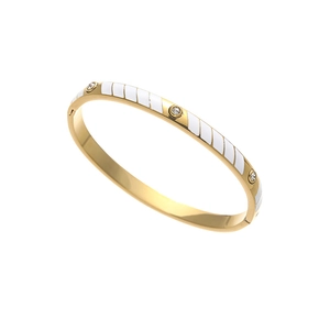 Polished gold titanium steel bangle with white enamel inlay and three zircon accents