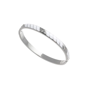 Detailed macro view of silver steel bracelet with white enamel inlay and round cubic zirconia