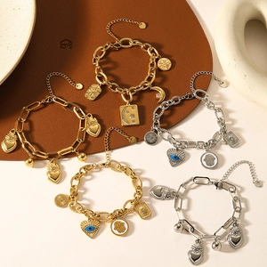 Bohemian Stainless Steel Charm Bracelet For Women Gold Silver Plated Heart Evil Eye Hamsa Star Moon Pendant Jewelry Gift
