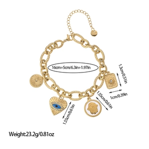 Bohemian gold stainless steel bracelet with evil eye and heart charms in white background