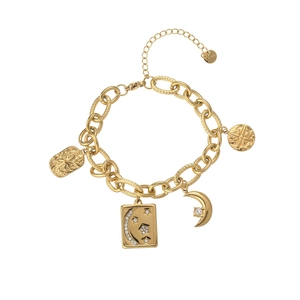 Bohemian gold stainless steel chain bracelet with celestial star and moon pendants