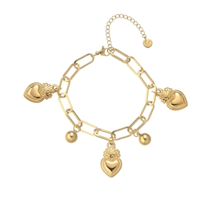 Detail of gold paperclip chain bracelet with heart charms and S.steel hallmark tag