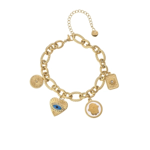 Detailed close-up of gold multi-charm stainless steel bracelet with sun and eye pendants