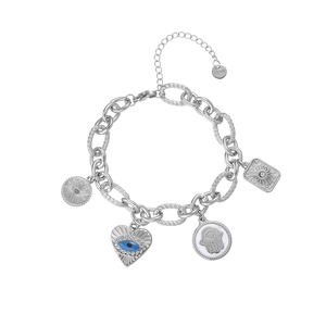 Detail of silver stainless steel bracelet featuring evil eye and hamsa hand charms