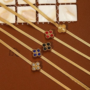 Fashion Lucky Four Leaf Clover Pendant Snake Chain Bracelet For Women Titanium Steel Gold Plated Crystal Inlaid Jewelry