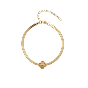 Detail of gold snake chain bracelet with textured four-leaf clover pendant and lobster clasp