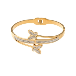 Elegant gold titanium steel butterfly bangle with micro-pave diamonds and spring buckle