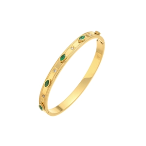 Vintage 18K gold-plated stainless steel bangle with green marquise stones and crystals