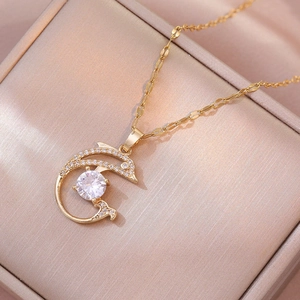 Collar Con Colgante De Delfín Acero Inoxidable Incrustaciones De Circonita Cadena De Clavícula Joyería De Animales Para Mujeres