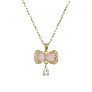 Collar dorado con colgante de lazo, piedra rosa, cristales brillantes y gema de gota