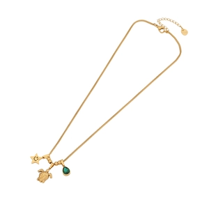 Collier en acier titane avec pendentifs tortue étoile dorés et goutte d'eau verte