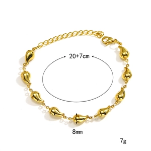 Detailed view of gold stainless steel teardrop charm bracelet with 20cm chain and extender