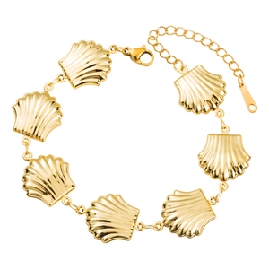 Golden stainless steel bracelet featuring seven shell charms with an adjustable lobster clasp