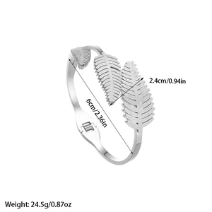 Silver stainless steel leaf feather bangle with matte texture and 6cm inner diameter