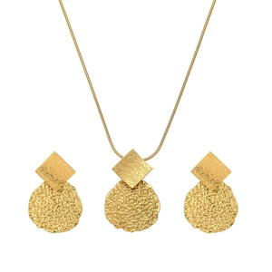 Gold turquoise necklace and earrings set with irregular hammered metal disc design