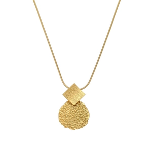 Detail of gold snake chain with square brushed texture and irregular hammered round pendants