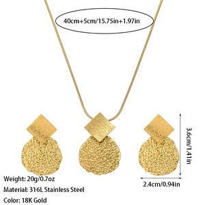 Hammered gold 316L stainless steel jewelry set with round turquoise pendant and earrings