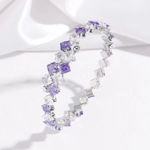 Silver-finish titanium steel bracelet with alternating purple and clear square crystals