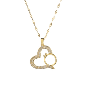 Golden heart necklace with inner ring pendant and sparkling cubic zirconia stones