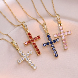 Collana Con Pendente A Croce Acciaio Al Titanio Zircone Colorato Intarsiato Elegante Catena Da Clavicola Gioielli Da Donna