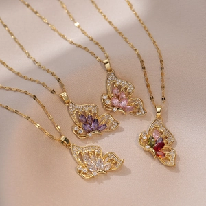 Elegante Collana Con Pendente A Farfalla Per Donna Acciaio Al Titanio Zirconia Colorata Intarsiata Gioielli Di Moda