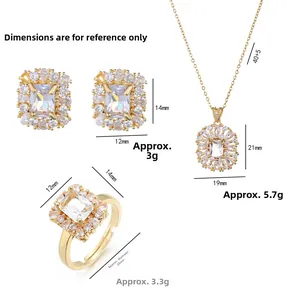 Elegantes vergoldetes Schmuckset mit rechteckigen Zirkonia-Anhängern und Blumenohrringen