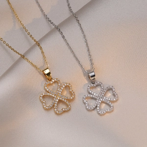 Élégant Collier Pendentif Trèfle Coeur en Acier au Titane Avec Zircon Blanc Incrusté Bijoux de Mode Pour Femmes