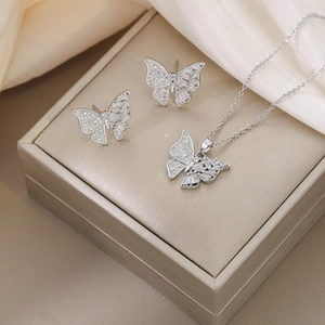 Mode Schmetterling Zirkonia Edelstahl Halskette Und Ohrringe Schmuck Set Elegante Damen Anhänger Halskette Ohrring Set