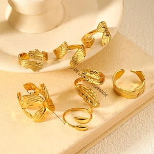 18k gold plated stainless steel rings set featuring hollow leaf and feather designs