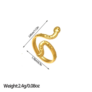 Detail view of gold snake-shaped ring showing dimensions 2.85cm by 1.78cm and 2.4g weight