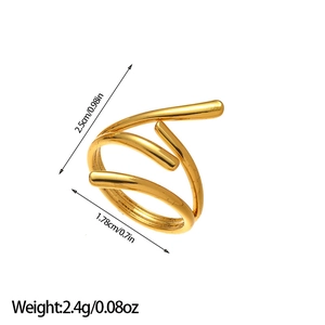 Macro detail of 18k gold plated multi-layer spiral ring with dimensions and weight specs