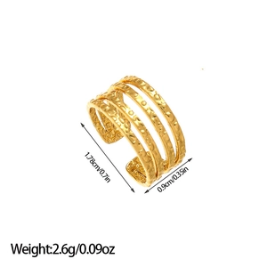 Detailed view of 18K gold plated hammered ring with dimensions 1.78cm and 2.6g weight