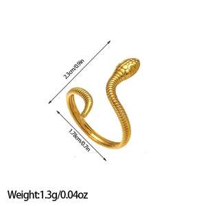 Golden stainless steel snake-shaped open ring with detailed scale textures and adjustable fit