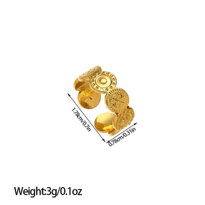 Bague ouverte irrégulière en acier titane doré style bohème avec relief et dimensions