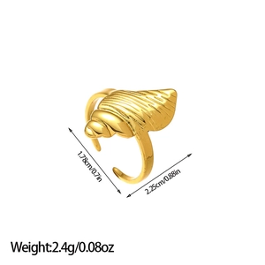 Detailed dimensions of 18k gold shell ring showing 2.25cm width and 2.4g weight
