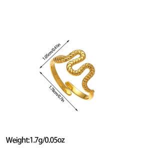 Detail view of 18k gold plated leaf snake ring with dimensions and 1.7g weight info
