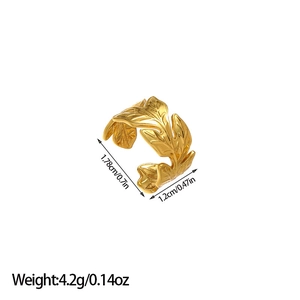 Detail showing 18k gold leaf ring dimensions 1.78cm by 1.2cm on white background