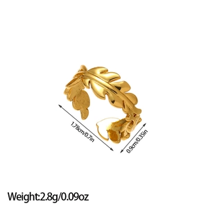 Detail view showing dimensions of 18k gold plated stainless steel leaf ring with measurements