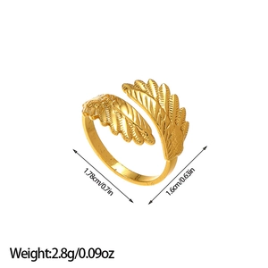 Detailed view showing adjustable golden brass feather ring with size and weight dimensions