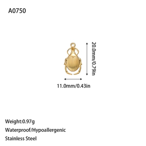 Macro view of gold stainless steel scarab beetle pendant with dimensions and weight