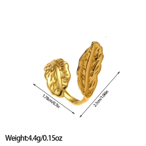 Detailed view of 18k gold plated stainless steel open ring with hollow leaf pattern